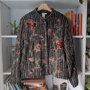 Coldwater Creek Embroidered Striped Floral Button-Up Jacket Size Large Boho